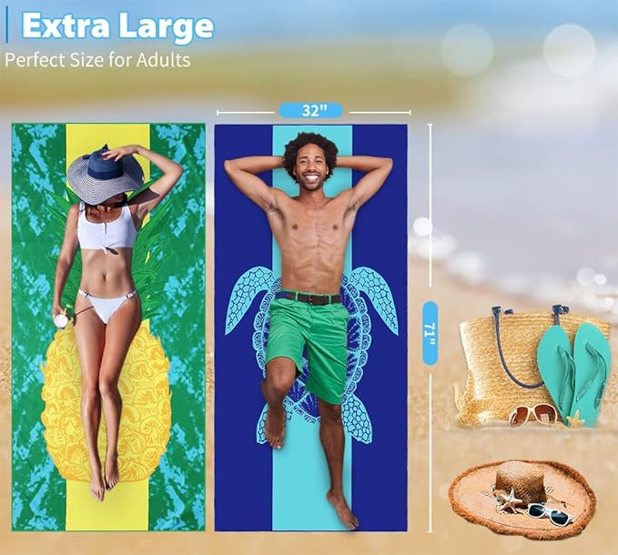 2 Pack Microfiber Lightweight Beach Towel 71"x32" Oversized Extra Large Thin Sand Free Towels Travel Swim Pool Yoga Gym Camping for Adults Women Men Beach Essentials Accessories Vacation Gift