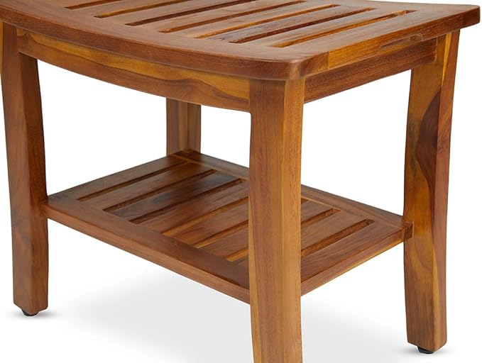 Teak Shower Bench 21 Inch, Fully Assembled Wood Bath Stool for Shower & Spa, The Hermod
