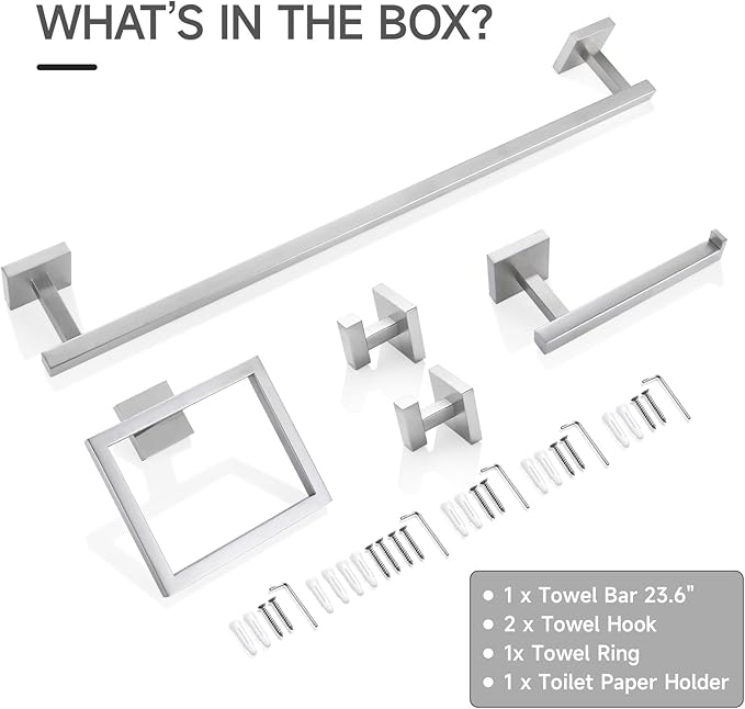 TQKAG 5-Piece Bathroom Hardware Set Brushed Nickel Classic Wall Mounted SUS304 Stainless Steel Bathroom Accessories Set 23.6" Towel Rack for Bathroom, Brushed Nickel