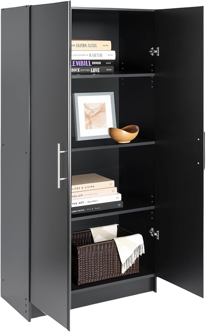 Prepac Elite Tall Garage Storage Cabinet & Pantry Storage Cupboard, 2-Door Freestanding Bathroom or Pantry Cabinet with Adjustable Shelves, 16" D x 32" W x 65" H, Black