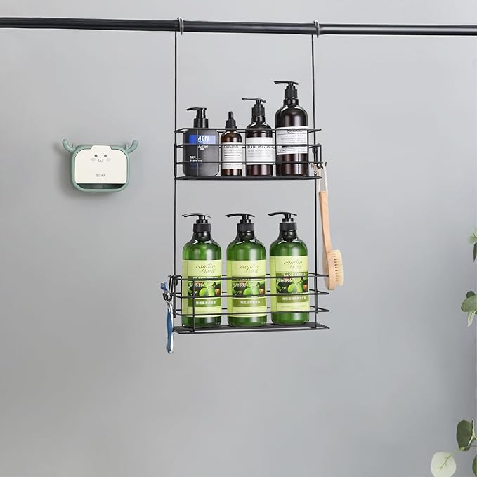 Shower Organizer Hanging Shower Caddy with Rotatable Hook bar Over the Door and Can be Hung on the Faucet or Claw Foot, Stainless Steel Rust Proof and Durable （Black）