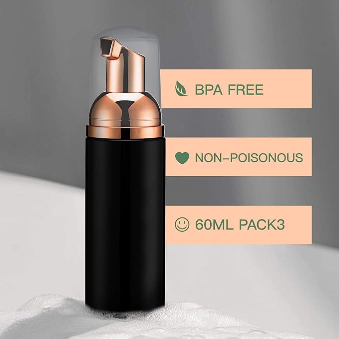 2oz Foam Pump Bottle (3PCS) Empty Travel Foaming Dispenser for Hand Soap, Lash Cleanser, Shampoo (60ml, Rose Gold &Black