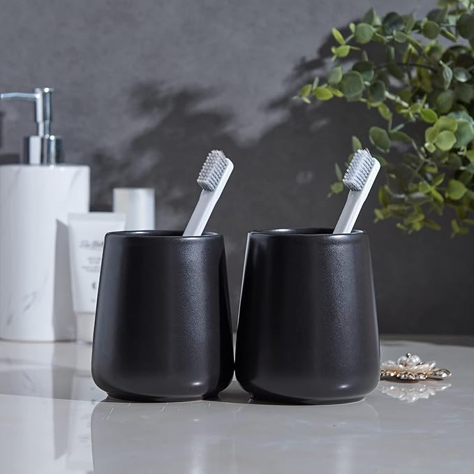 Black Toothbrush Holder for Bathroom - Ceramic Tooth Brushing Holders, Toothpaste Holder, Reusable Toothbrush Mouthwash Cup, Space-Saving Design for Bathroom Countertop