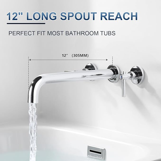 Wall Mount Tub Filler Tub Faucet High Flow Bathtub Faucets Two Handles Solid Brass, 12" Long Spout Reach, Chrome