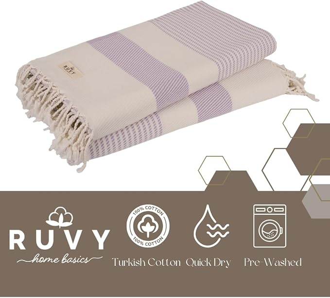 Ruvy Home Basics 2 Pack Turkish Beach Towels – Oversized Quick-Dry Bath Towels (40 x 72 Inches) – 100% Cotton Large Towels for Pool, Yoga, Travel, Camping Essentials, and Bathroom Decor - Lavender