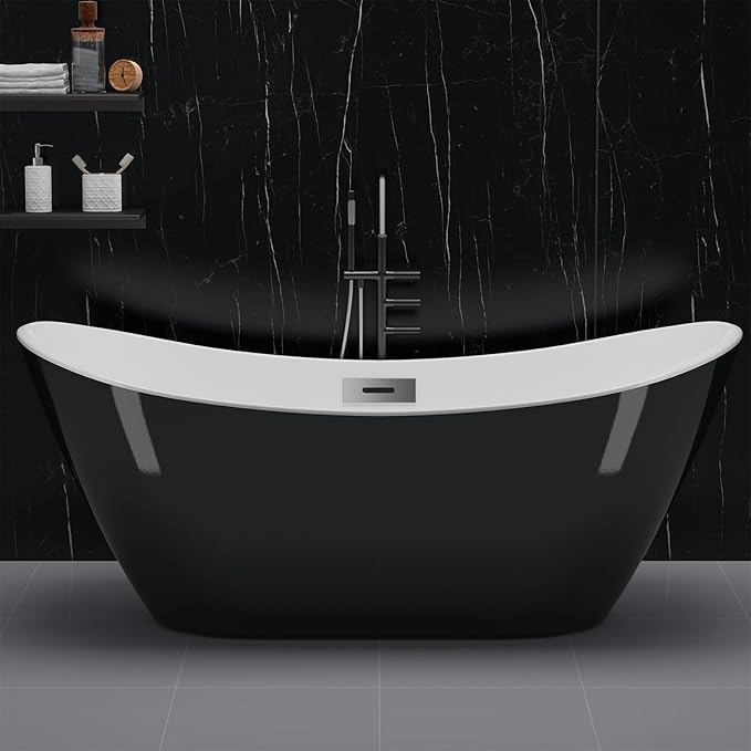 59 in Acrylic Freestanding Bathtub, Contemporary Stand Alone Tub,Black Soaking Tub, with Chrome Overflow and Drain,CUPC Certified