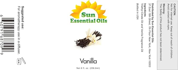 Sun Essential Oils - Vanilla Essential Oil 8 oz with Dropper for Diffuser, Skin, Hair, Humidifier & Aromatherapy Massage, Scent for Candle, Lotion & Soap Making & Room Freshener