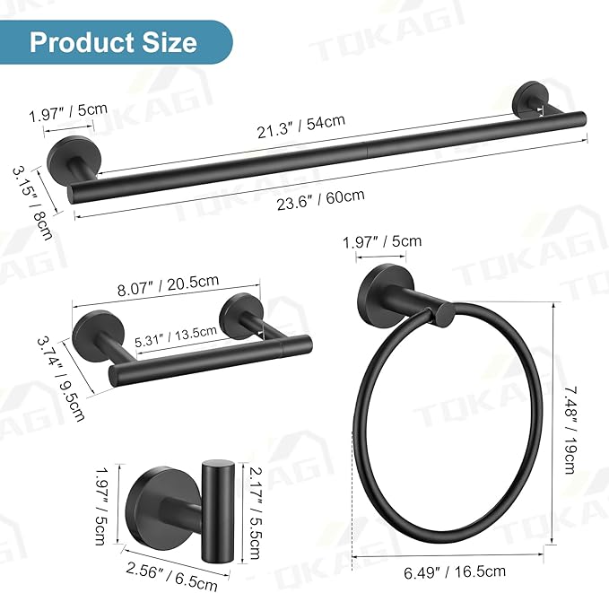 TQKAG 8-Pieces Bathroom Hardware Set Matte Black SUS304 Stainless Steel Bath Towel Bar Set 23.6 Inch Round Bathroom Accessories Kit Wall Mounted