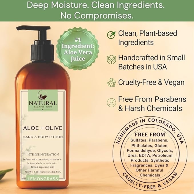 Natural Escapes Lavender & Lemongrass Body Lotion 2-Pack – Hydrating Hand & Body Moisturizer for Dry Sensitive Skin – Vegan Plant-Based Lotion with Ceramides, Aloe Vera & Vitamins – 8oz Each