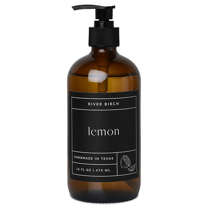 River Birch Lemon Scented Natural Hand Soap - Handmade Soap - Moisturizing Hand Wash with Amber Glass Dispenser - Luxury Scented Hydrating Hand Soap - Vegan and Non-Toxic - 16 Fl Oz
