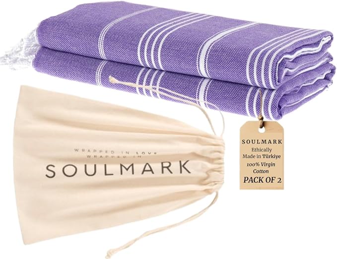 SOULMARK 100% Cotton Turkish Beach Towel with Bag - 38"x71" - 2 Pack - Made in Green & Oeko TEX Certified - Pre-Washed and Sand Free - Quick Dry and Lightweight for Travel - Made in Turkey - Purple