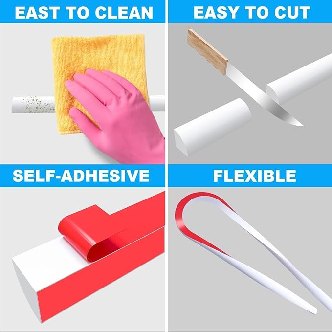 Duzzy 118 Inch Flexible Quarter Round Molding, Peel and Stick Silicone Rubber Trim Suitable for Shower Pans Gap and the Base of Staircase