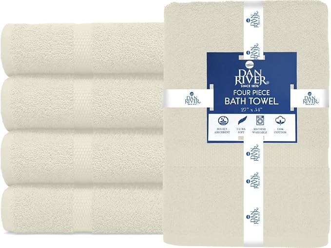 DAN RIVER Bath Towels Set of 4, 27 x 54 Inches, 100% Cotton, Larger & Lighter Weight, Quicker to Dry, Super Soft and Absorbent, Ideal Quick Dry Bath Towels for Daily Use, Ivory