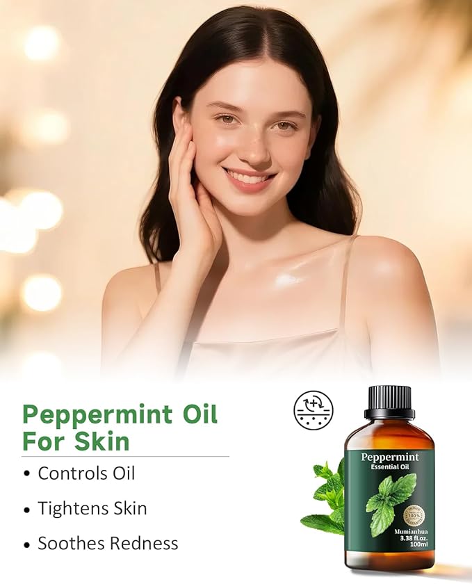 Peppermint Essential Oil Pure, Mumianhua Natural Peppermint Oil for Diffuser, Aromatherapy, Skin, Hair,SPA, DIY, Soap Making,Cleaning 3.38 Fl Oz