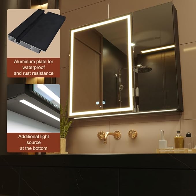 KWW 30 x 28 Inch Double Doors LED Lighted Bathroom Medicine Cabinet, Defogger, Dimmable, 3 Color Light Makeup Mirror, Outlets & USBs, Easy to Install, Wall Mounted Mirror Cabinet