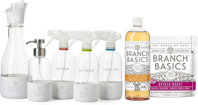 Branch Basics Premium Starter Kit in Glass: All Purpose Cleaner, Glass Cleaner, Bathroom Cleaner, Wash Bottle, and Laundry Bottle (3 Glass Spray Bottles + Concentrate) Fragrance-Free