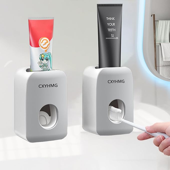 Automatic Toothpaste Dispenser for Kids, 2 PCS Toothpaste Squeezer for Kids & Family Shower Decor, is Wall Mounted Bathroom Accessories Organizer (Grey, 2PACK)