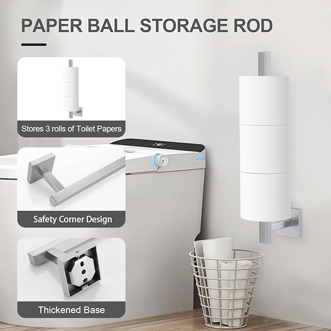 TQKAG 7-Pieces Brushed Nickel Bathroom Hardware Accessories Set 23.6" SUS304 Stainless Steel Towel Bar Set Toilet Paper Spare Rolls Storage Holder Wall Mounted