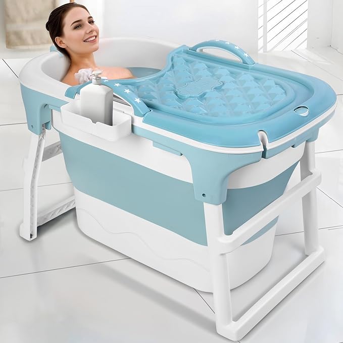 Portable Bathtub, 39 inch Portable Folding Bathtub for Adult, Portable Soaking Bath Tub with Ergonomic Seat & Massage Roller, Freestanding Surround Collapsible Tub for Hot Bath Ice Bath (Blue)