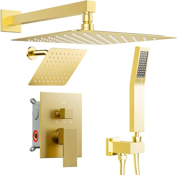 Shower Faucet Set Brushed Gold Shower System, STARBATH 12+6" Dual Rain Shower Head with Handheld Spray for Two People,Wall Mount Rainfall 3 Way Shower Valve with 5 Diverter and Trim Kit Complete