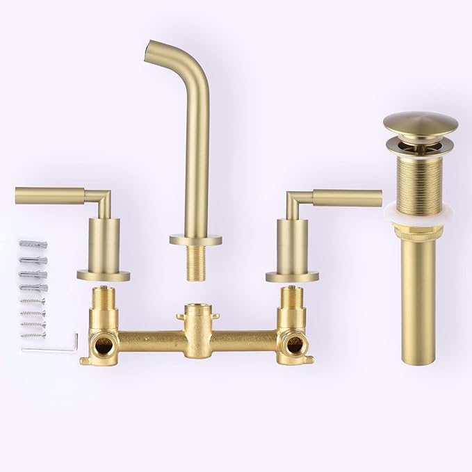 RBROHANT Gold Wall Mount Faucet with Pop up Drain Set for Sink Without Overflow, Brushed Gold Dual Handle Wall Mounted Bathroom Sink Faucet, Brass Rough-in Valve Included, RB0736D