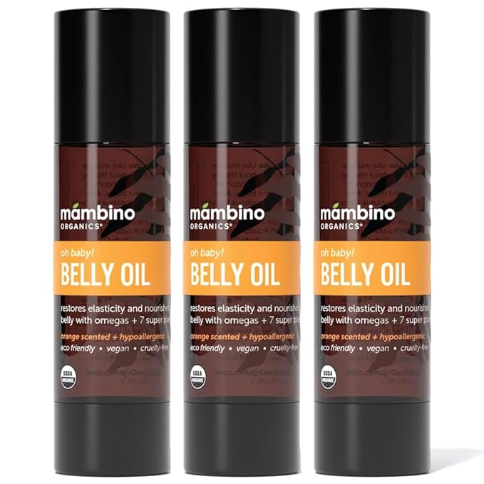 Mambino Organics Oh Baby! Belly Oil for Pregnant Women, Organic Stretch Mark Oil for Pregnancy, Postpartum Skin Elasticity, Hydration, Tamanu, Shea Butter, Calendula, Vegan, Non-GMO, 2 fl oz, 3-Pack