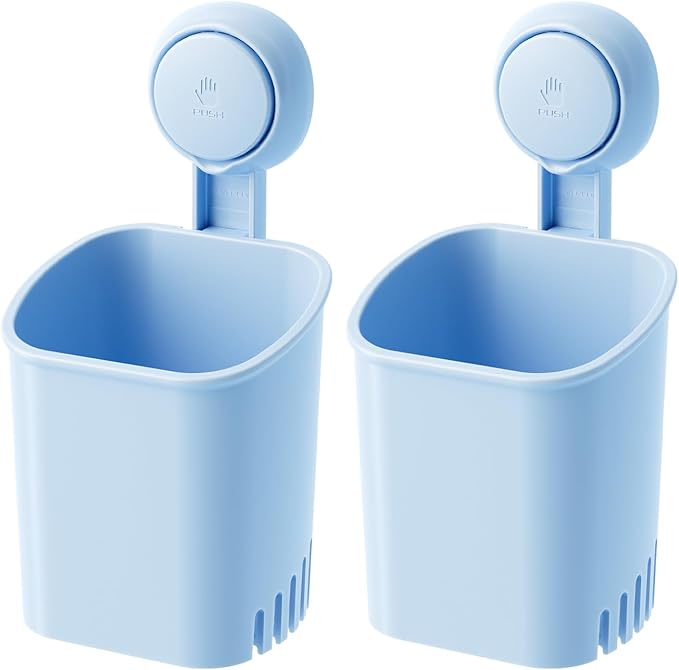 LEVERLOC Powerful Suction Cup Toothbrush Holder, No Drill Removable Wall Shower Holder for Toothbrush, Toothpaste, Razor, Self-draining Suction Cup in Shower, Kitchen Tableware Organizer, Blue, 2 Pack