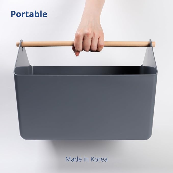 BLUE GINKGO Large Storage Basket – Plastic Caddy with Wooden Handle for Bathroom, Pantry, or Cleaning Supplies (Gray)