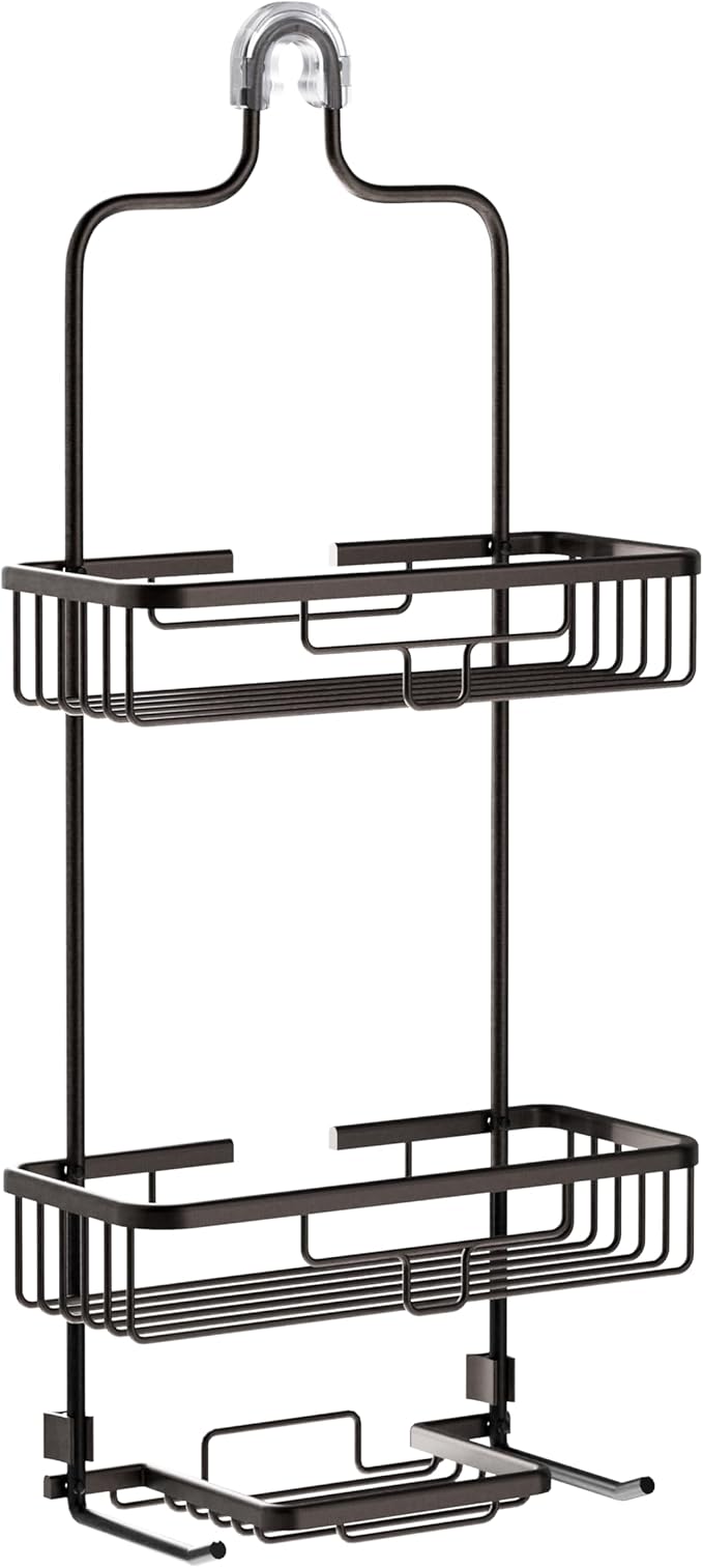 Zenna Home Rustproof Hanging Shower Caddy, Over the Shower Head Caddy with 2 Shelves and Built In Hooks, Aluminum Bathroom Hanging Organizer, Bronze