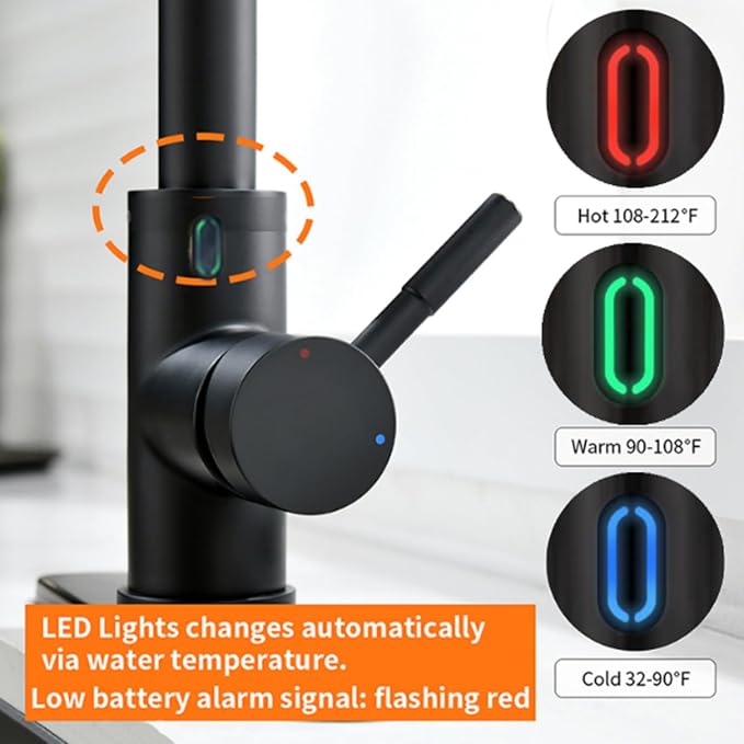 Touch-Less Kitchen Faucet, 3 Modes Pull Down Sprayer, LED Temperature Control,Motion Sensor Activated,Ceramic Valve,360-Degree Rotation,1 or 3 Hole Deck Plate. 10-Year Warranty. (KW-79RR, Black)