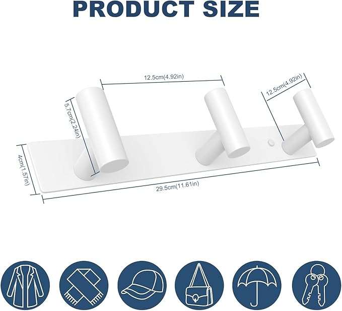 VAEHOLD Hat and Coat Wall Mount Rack - Hooks for Robes, Bags, Keys, and Towels - Bathroom Towel Hanger Organizer (White, “T“ Shape 3 Hooks 2 Pack)