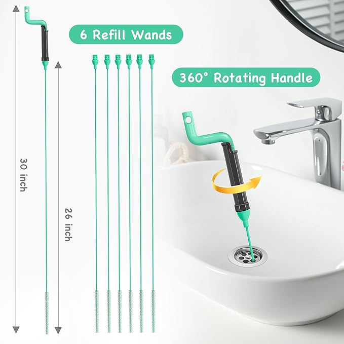 Drain Clog Remover Tool – 30”Anti-break Steel Sink Snake Hair Drain Cleaner Tool, Plumbing Snake with Rotating Handle & 6 Refills, Drain Hair Remover for Shower, Toilet, Kitchen Sink, Bathtub. 6-Pack