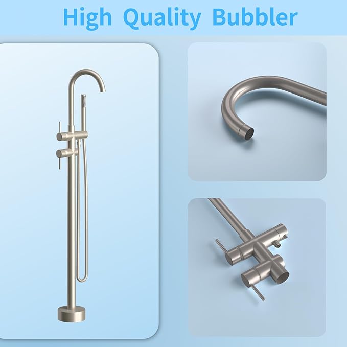Freestanding Bathtub Faucet,Tub Filler Floor Mount Stand Bathtub Faucet Brass Bathroom Tub Faucets with 2 Function Hand Shower Wand Swivel Brushed Nickel