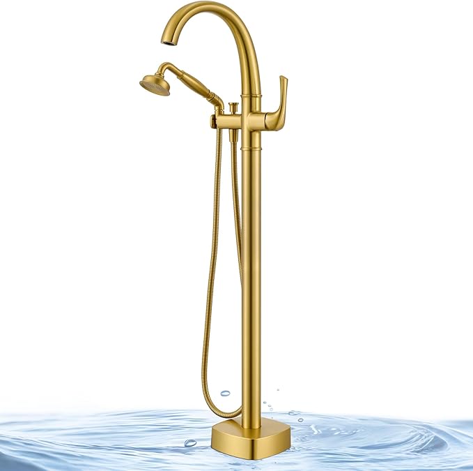 Free Standing Tub Faucet, Jabbol Luxury Freestanding Bathtub Faucet with Sprayer, Brass Bathroom Floor Mount Tub Filler, Brushed Gold (JB-8811BG)