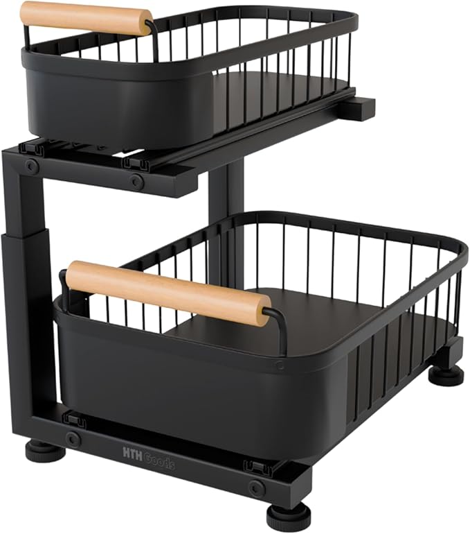 Premium Heavy Duty Carbon Steel Under Sink Organizer, 2 Tier Pull Out Cabinet Organizer, 7 Adjustable Heights with Smooth Ball Bearing Sliding Baskets for Bathroom & Kitchen