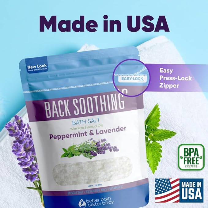 Back Soothing Bath Salt 32 Ounces Epsom Salt with Natural Bergamot, Lavender, Eucalyptus and Peppermint Essential Oils Plus Vitamin C in BPA Free Pouch with Easy Press-Lock Seal