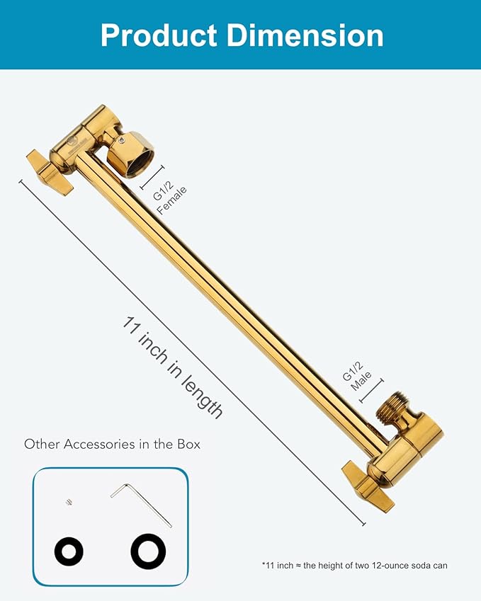 11 Inch Adjustable Shower Head Extension Arm With Locking Set Screw, Singing Rain Brass Egyptian Gold Angle Height Adjustable, Easy To Install, G1/2 Universal Connector Compatible (Egyptian Gold)