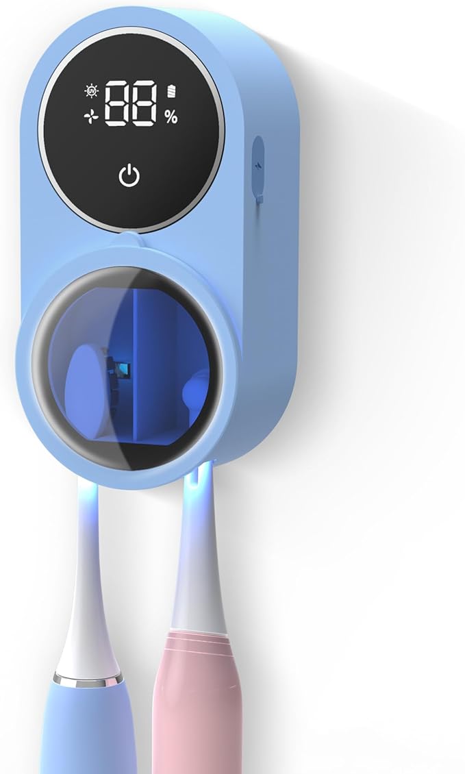 Toothbrush Holder and Cleaner for Bathroom Light Cleaning Fan Drying Round in Circle Automatic Rotating Cover Wall Mounted Smart Home Gadgets (02 Blue)