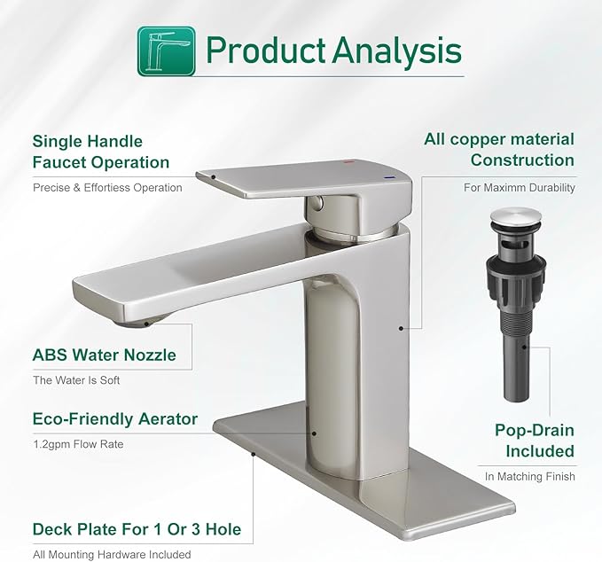 VOTON Brass Bathroom Faucet, Brushed Nickel Finish, Single Handle, 1 or 3 Hole Installation, Pop-up Drain, Flexible Hoses