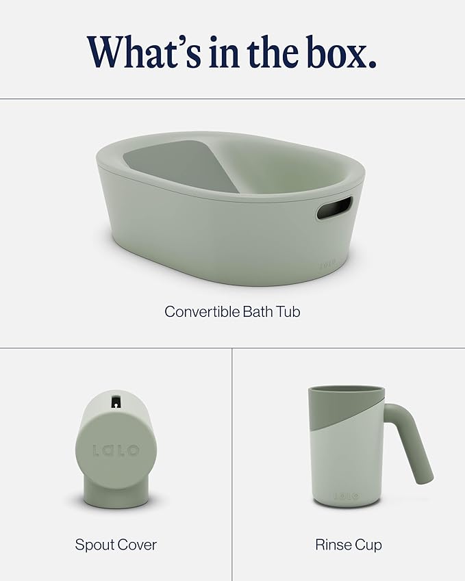 Lalo Bathtime Starter Kit - Modern Baby Bathtub, Rinse Cup & Spout Cover Bundle, Safe & Clean Design for Newborns, Minimalist Design, Easy to Clean, 25.3 x 18 x 7.7 in, 10 lb - Sage