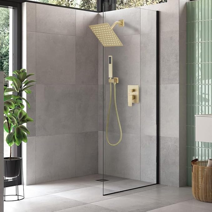 Brushed Gold Shower System 8 Inch Bathroom Luxury Rain Mixer Shower Combo Set Wall Mounted Rainfall Shower Head and Handheld System Shower Faucet Set Rough-in Valve Body and Trim Included