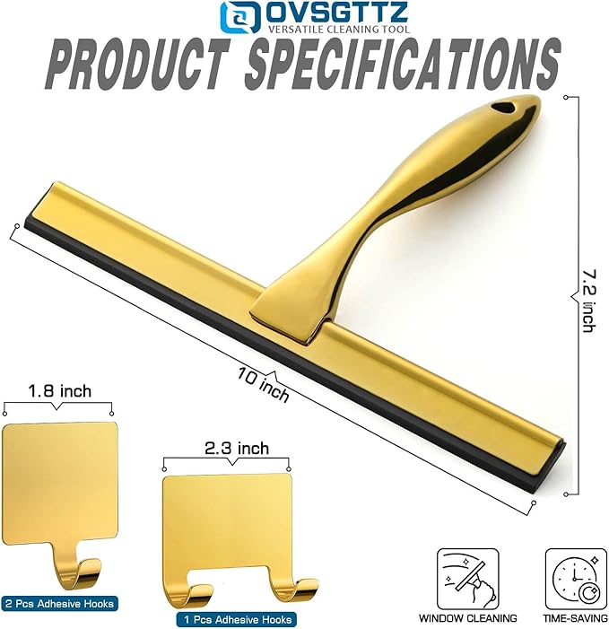Stainless Steel Shower Squeegee for Glass Door with 3 Adhesive Hook, Glass Cleaning Squeegee for Bathroom & Household Window, Mirrors, Tiles and Car, Clear 10 Inches Golden