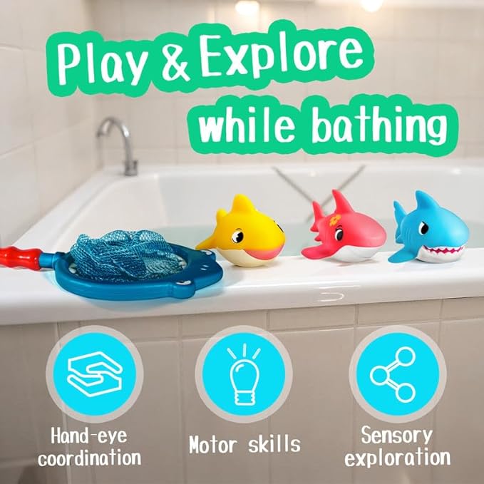 No Hole Bath Toys for Kids - Shark Bath Toys Set with Bath Net & Storage - Floating Toys for Water Pool Shower