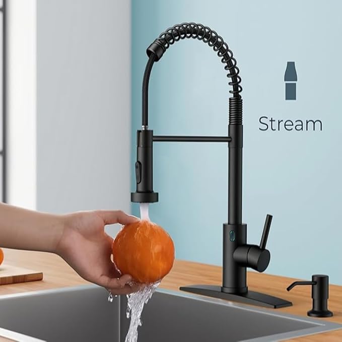 Touch-Less Kitchen Faucet, 3 Modes Pull Down Sprayer, LED Temperature Control,Motion Sensor Activated,Ceramic Valve,360-Degree Rotation,1 or 3 Hole Deck Plate. 10-Year Warranty. (KW-79RR, Black)