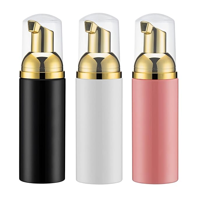 2oz Foam Pump Bottle (3PCS) Empty Travel Foaming Dispenser for Hand Soap, Lash Cleanser, Shampoo (60ml, Gold &Black,White,Pink