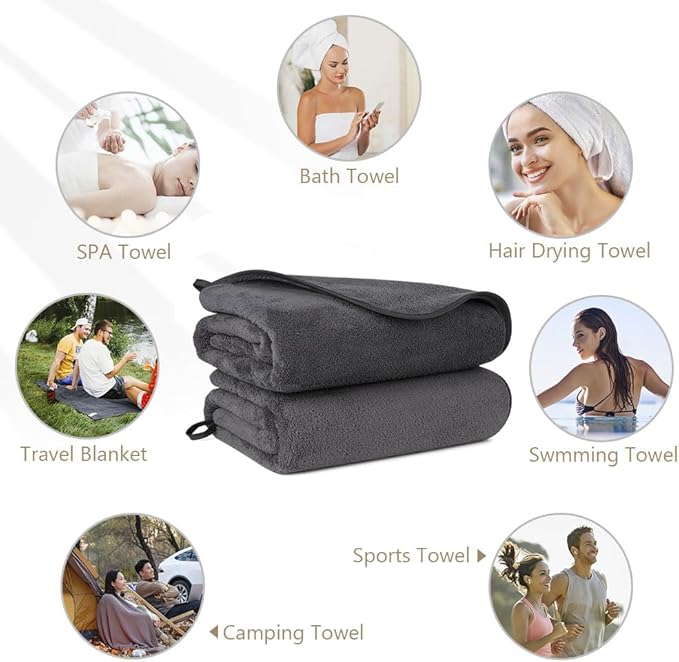 Orighty Bath Towels Pack of 2(27'' x 54'') - Soft Feel, Highly Absorbent, Quick Drying Microfiber for Body, Sport, Yoga, SPA, Fitness - Grey