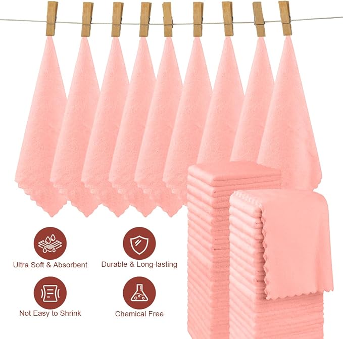 Orighty Ultra Soft Washcloths 48 Pack, Premium Microfiber Towel Sets 12 x 12 inches, Absorbent and Quick Drying Coral Velvet Washcloth, Multi-Purpose Wash Cloths for Bathroom, Hotel, and Gym (Pink)