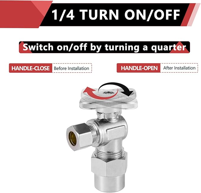 10-Pack EFIELD Angle Stop Valve 1/2" Nominal (5/8" OD) Compression x 3/8" OD, 1/4-Turn,(VALVE116-10PCS)