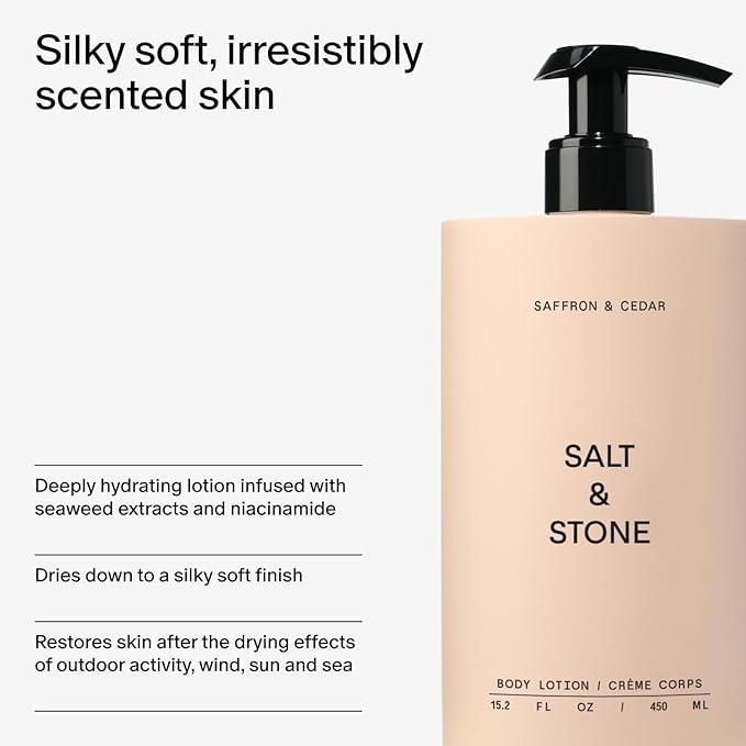 Salt & Stone Body Lotion for Women & Men | Hydrates, Nourishes & Softens Skin | Restores Dry Skin | Fast-Absorbing | Cruelty-Free & Vegan (Saffron & Cedar - 15.2 fl oz)