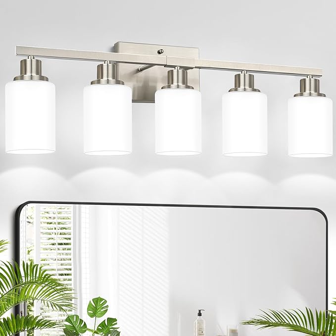 5-Light Vanity Light with Milky White Shades, Brushed Nickle Bathroom Lighting Fixtures Over Mirror, Modern Bathroom Wall Lamp for Mirror Living Room Cabinet Bedroom